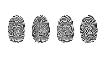 Four fingerprint patterns with unique swirls isolated on white background