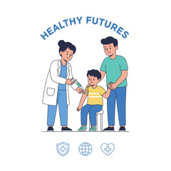 Doctor Administering Vaccine To Child With Parent Present Healthcare And Medical Concept Flat Design Clean Lines White Background With Icons Representing Protection Global Health And Wellness