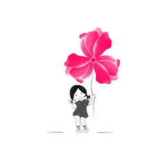 Cute little girl holding giant red flower illustration