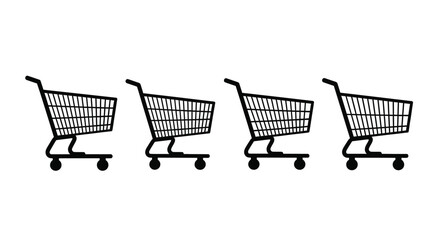 Four black shopping cart icons isolated on white background in a row
