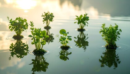 Plants Floating on Calm Water at Dawn