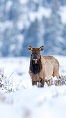 A wild elk in wintery landscape, snow covered, looking at camera