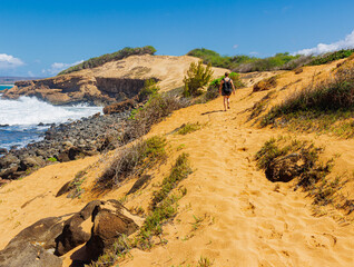 Female Tourist on The Sand Dunes With Pu'u Koa'e in The Distance, Po'olua Beach, Molokai, Hawaii, USA