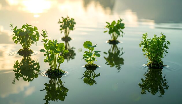 Plants Floating on Calm Water at Dawn