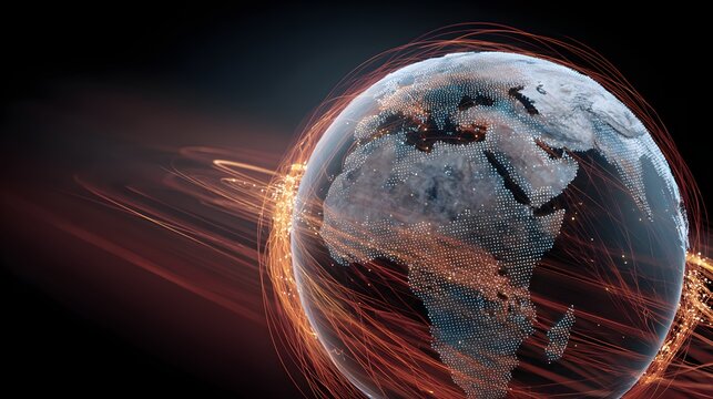 Glowing digital sphere representing global connectivity and data flow against a dark background - Powered by Adobe