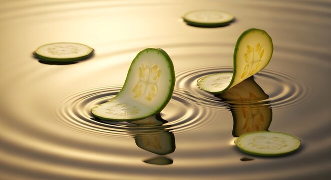 Fresh zucchini slices floating on golden reflective water surface creating ripples and abstract shapes isolated PNG with Transparent Background