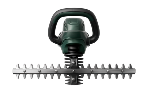 Electric hedge trimmer with dual blades and anti-vibration for prolonged gardening tasks.