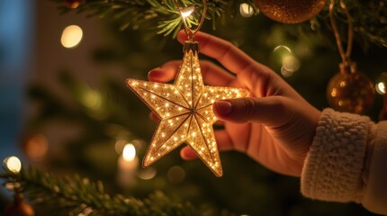 A child's hand placing a sparkly star ornament on a Christmas tree
