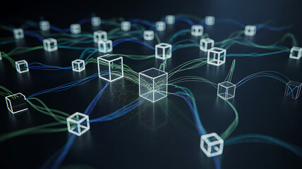 Obraz premium Abstract glowing digital network of interconnected cubes and nodes representing blockchain technology and data flow