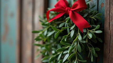 A close-up of a mistletoe bunch with a red ribbon hanging on a rustic wooden door
