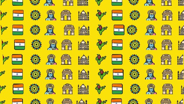 Colorful seamless pattern of Indian flag, god icons, monuments, and mandalas symbolizing Indian culture, spirituality, and celebration.