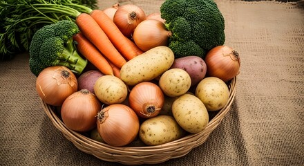 Fresh organic root vegetables and broccoli displayed in a rustic woven basket for healthy cooking. isolated PNG with Transparent Background