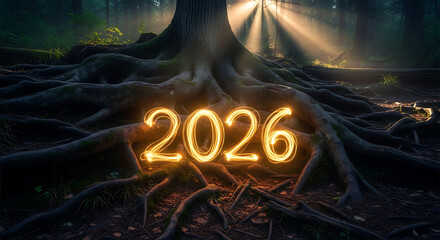 Illuminated 2026 new year message in mystic forest scenery concept
