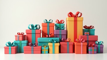 A large stack of colorful gift boxes with bows, isolated
