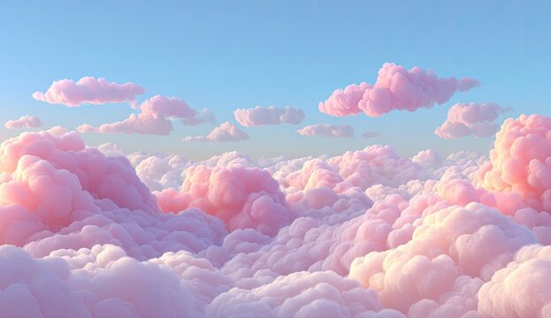 Fluffy pink and white clouds drift across a vibrant, clear blue sky