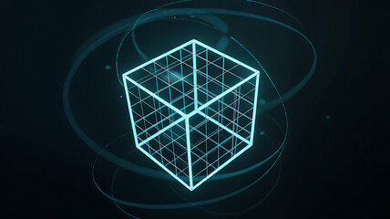 Abstract glowing blue geometric cube structure with digital data streams and energy waves on dark background