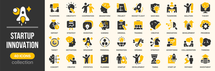 Startup and innovation fill icon collection. Includes rocket, teamwork, motivation, idea, invention, and progress icons. Created in colored style with yellow and gray palette