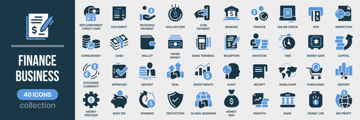 Finance and business fill icon collection. Set of money, payments, banking, wallet, cash, audit, ATM, investments, growth icons. Created in colored style with balanced blue palette