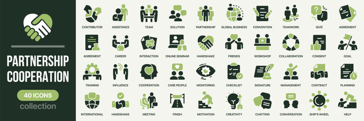 Partnership and cooperation fill icon collection. Includes teamwork, handshake, communication, idea, and success icons. Created in colored style with green palette