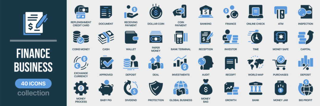 Finance and business fill icon collection. Set of money, payments, banking, wallet, cash, audit, ATM, investments, growth icons. Created in colored style with balanced blue palette