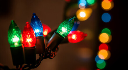 Close-up of Traditional Multicolor Christmas Lights Glowing in the Dark with Festive Bokeh Background