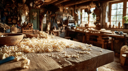 Fototapeta premium Sunlight illuminates a woodworking workshop with wood shavings and wooden tools on the workbench.