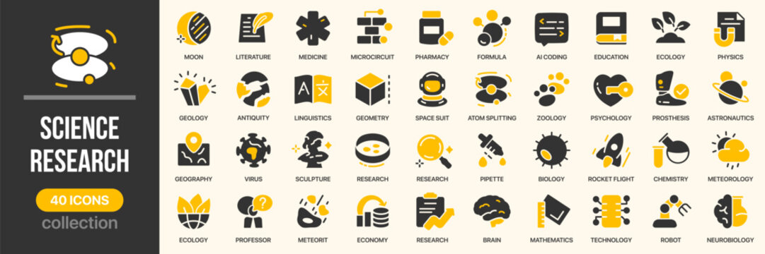 Science and research fill icon collection. Includes laboratory, biology, mathematics, and technology icons. Created in colored style with yellow palette