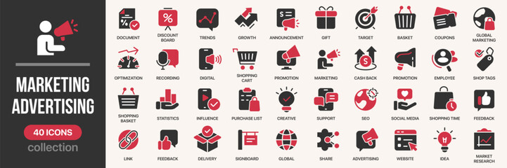 Marketing and advertising fill icon collection. Includes promotion, feedback, statistics, SEO, social media, and creative icons. Created in colored style with black and red palette