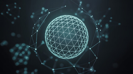 Abstract glowing digital sphere with interconnected nodes and lines representing global network and data connections