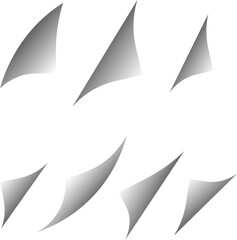 Collection of eight distinct grey paper page corner curl effects on a clean white background