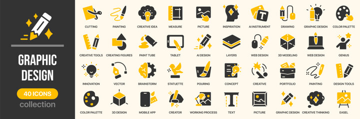 Graphic design fill icon collection. Includes creativity, drawing, color palette, tools, and digital art icons. Created in colored style with yellow and gray palette © stas111
