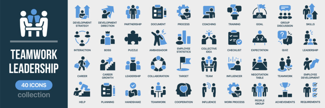 Teamwork and leadership fill icon collection. Includes collaboration, boss, discussion, process, quiz, goal, and partnership icons. Created in colored style with calm blue palette
