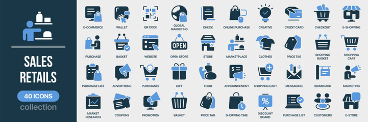 Sales and retails fill icon collection. Set of e-commerce, shopping, purchase, store, basket, price tag, and website icons. Created in colored style with blue palette