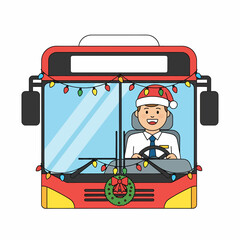 Flat vector cheerful bus driver wearing santa hat illustration