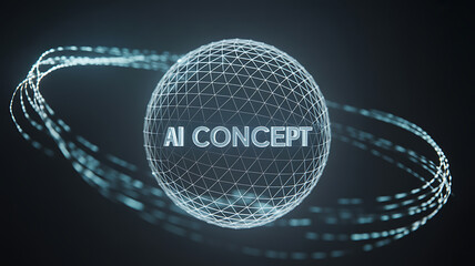 Abstract glowing digital sphere with ai concept text and futuristic light trails on dark background