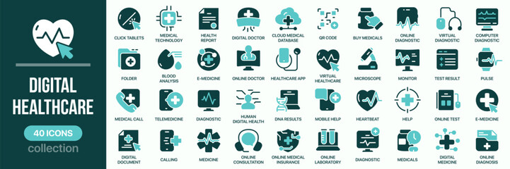 Digital healthcare fill icon collection. Set of telemedicine, diagnostics, smartphone, online doctor, and monitoring icons. Created in colored style with turquoise palette