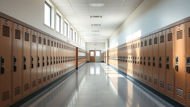 linoleum. An empty high school hallway with lockers and natural light creating a clean perspective. real-estate listings.