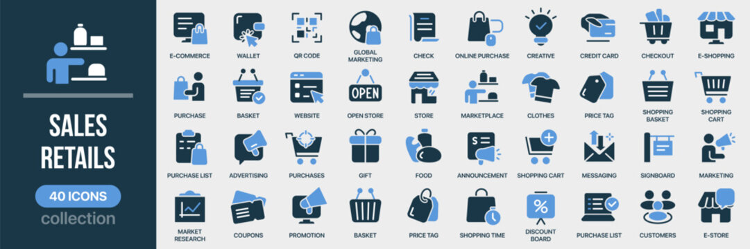 Sales and retails fill icon collection. Set of e-commerce, shopping, purchase, store, basket, price tag, and website icons. Created in colored style with blue palette