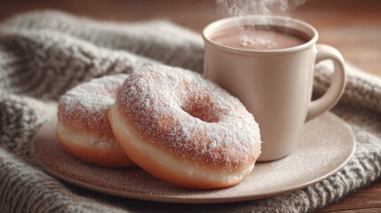 A comforting scene with two donuts covered in powdered sugar alongside a mug of hot beverage