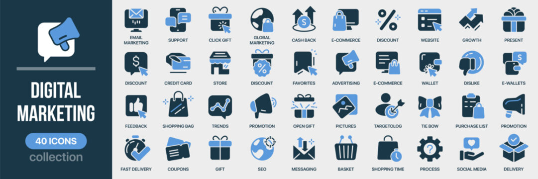 Digital marketing fill icon collection. Set of advertising, promotion, shopping, and SEO icons. Created in colored style with blue palette