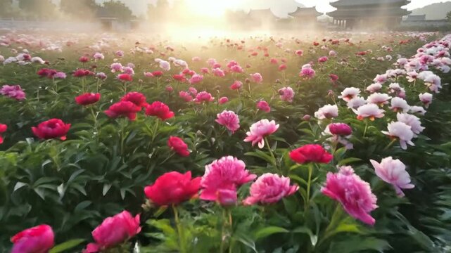 Vibrant Peony Field at Sunrise with Ancient Architecture in the Background.