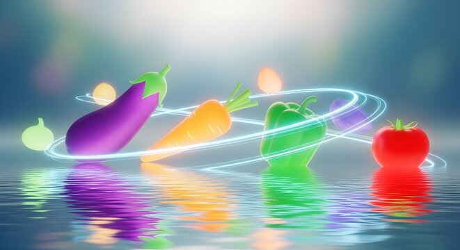 Vibrant digital illustration of fresh vegetables with glowing energy concept for health marketing isolated PNG with Transparent Background