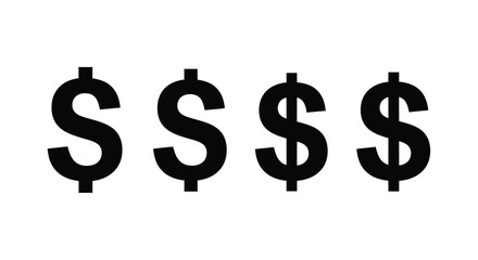 Four dollar signs isolated on white background representing wealth and money