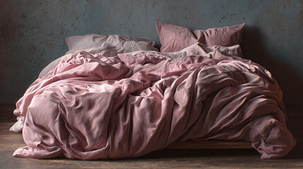A messy bed with pink bedsheets and pillows, suggesting relaxation and comfort. The sheets are wrinkled and rumpled, implying a sense of ease