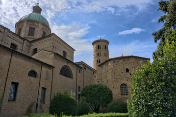 View of the green dome and cylindrical bell tower near the Ravenna Cathedral complex (Duomo di Ravenna).