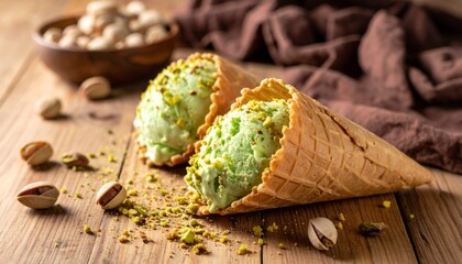 Pistachio ice cream in a wafer, pistachio crumbs on the ice cream, pistachios, shells, wafer crumbs scattered around, light wooden brown table, brown cloth.