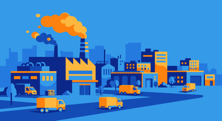 Naklejka premium Industrial city scene with factory buildings smokestack pollution and logistics delivery trucks