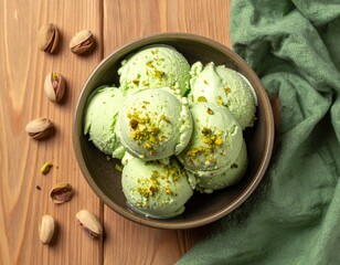 Pistachio ice cream scoops in a bowl, pistachio crumbs on the ice cream, pistachios and shells scattered around, light wooden brown table, green cloth, top view.