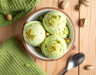 Pistachio ice cream scoops in a bowl, pistachio crumbs on the ice cream, pistachios and shells scattered around, light wooden brown table, green cloth, top view.