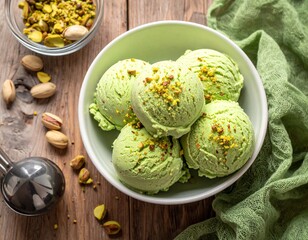 Pistachio ice cream scoops in a bowl, pistachio crumbs on the ice cream, pistachios and shells scattered around, light wooden brown table, green cloth, top view.